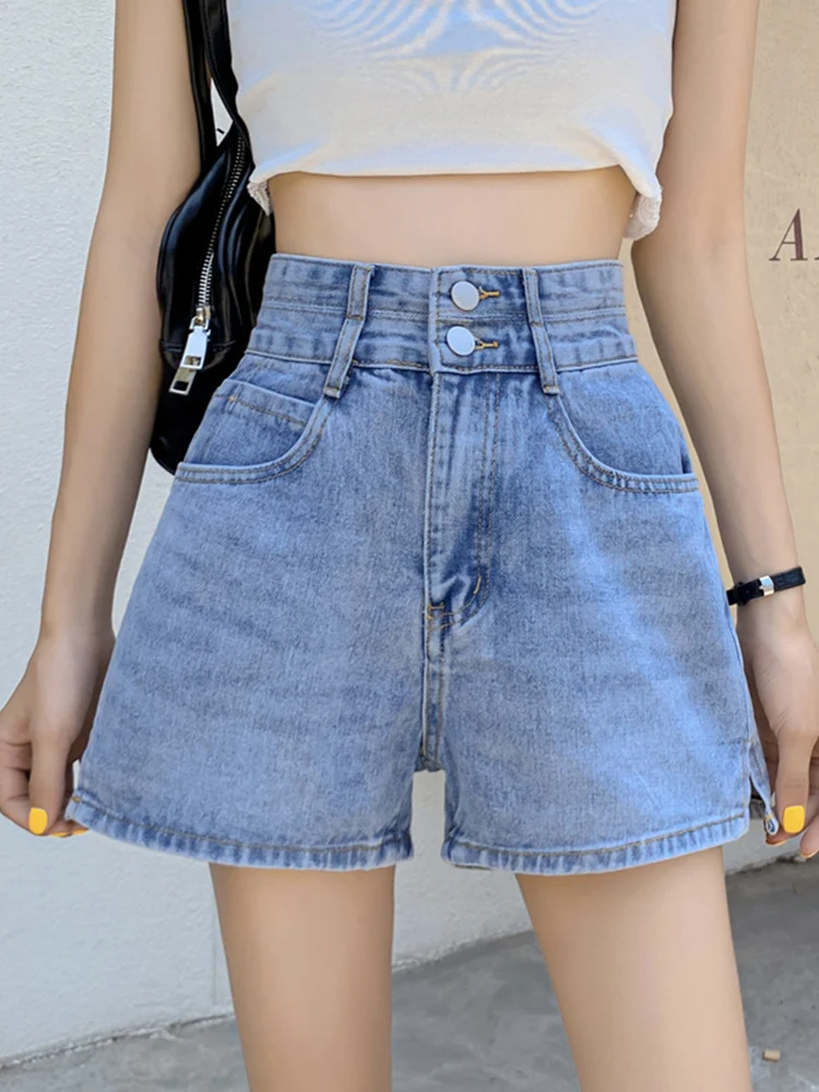 New Spring Summer Women High Waist Wide Leg Denim Shorts Streetwear Female Button Loose Jeans Shorts Bottoms