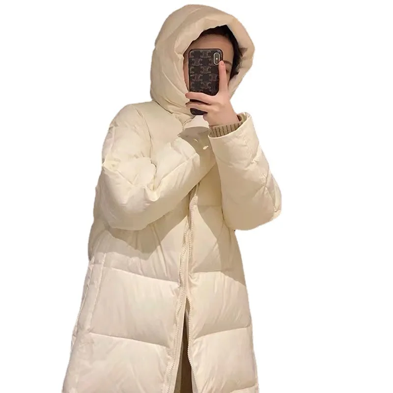 Solid Color Down Jacket Fashion Winter Coat Women New Niche Thick Warm Bread Loose Hat V-neck White Eiderdown Zipper Coat