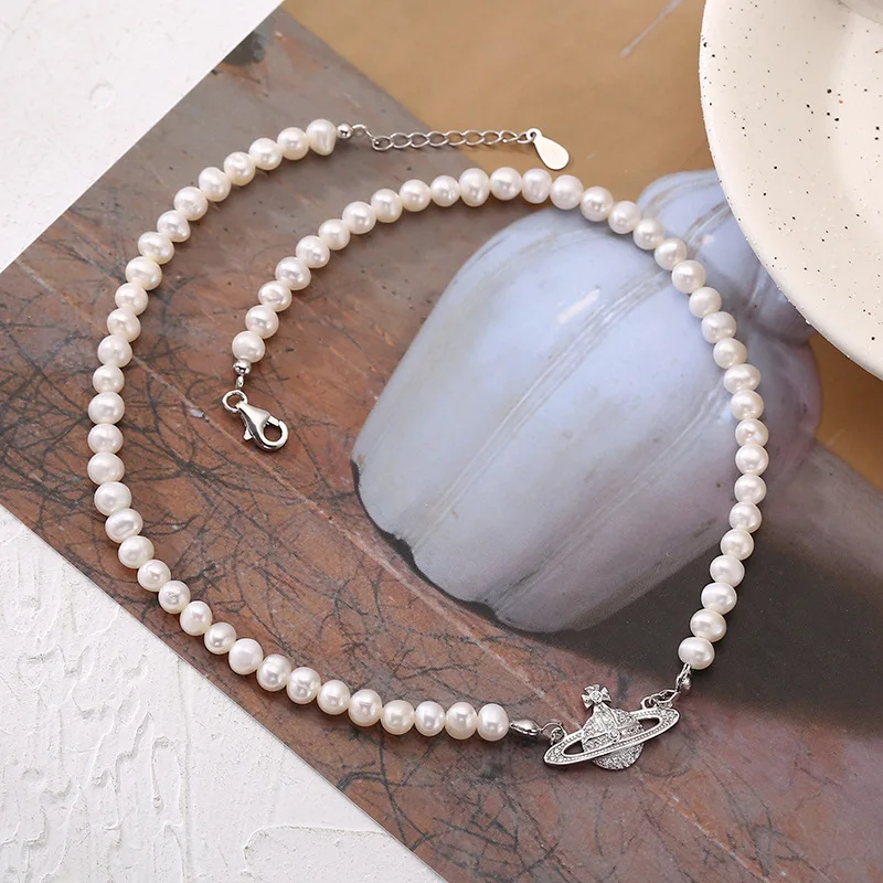

Saturn Pearl Chocker 925 Sterling Silver Natural Pearl Instagram Fashion Trend Elegant Design Necklace