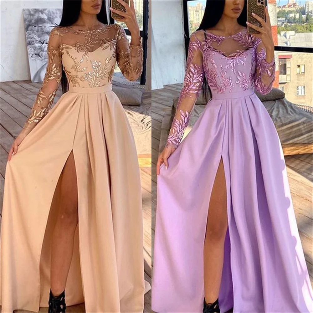 Women Fashion Prom Evening Dress Sequined Hollow Lace-up O-neck Long Sleeve Party Dress Elegant Sexy High Split Formal Dresses