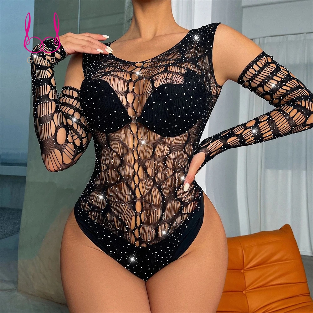 

Sexy Shiny Rhinestone Bodysuit Hot One Piece Lingerie Hip Skirt See Through Jumpsuit Long Sleeves Hollow Underwear Net Clothes