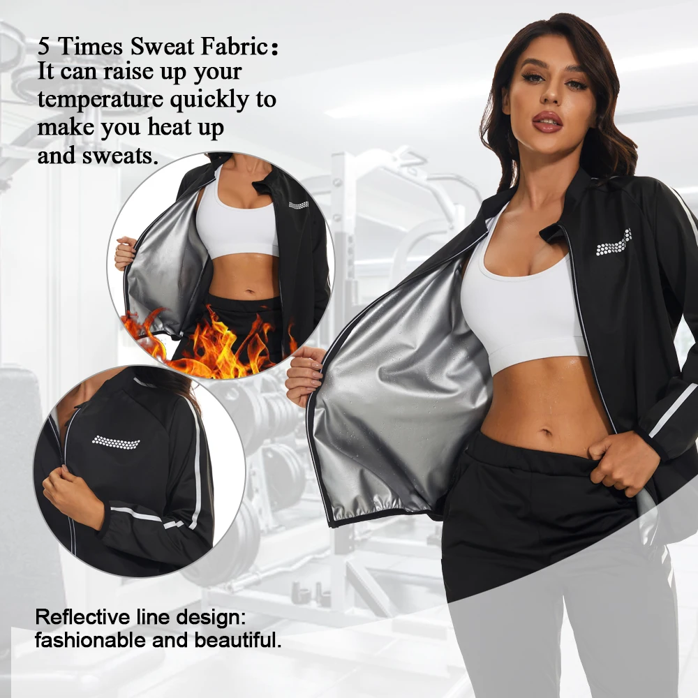 LAZAWG Sauna Jacket for Women Sweating Top Weight Loss Long Sleeves Fat Burner Ladies Body Shaper Zipper Fitness Suit Running