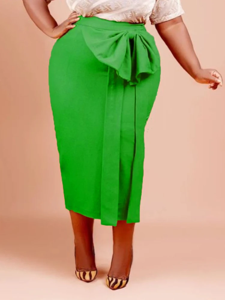 

High Waist Skirts Women Office Work Casual Evening Birthday Party Midi Skirt with Bowtie for Lady Summer Autumn 4XL White Jupes