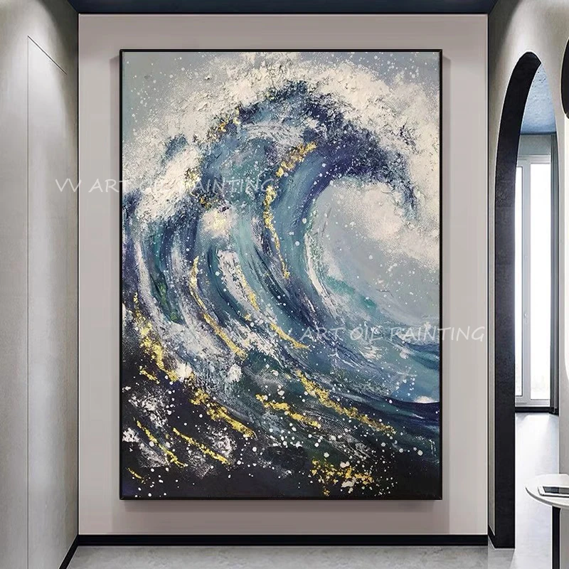 Объемный плакат большого размера с синей текстурой океанских волн настенный