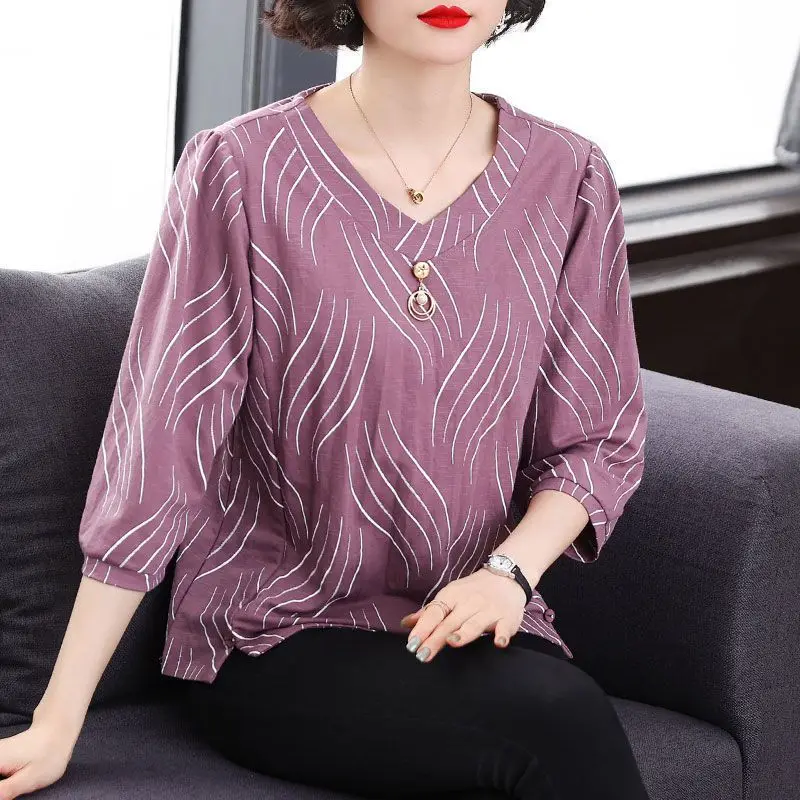 

Summer Women's Clothing Casual 3/4 Sleeve Printed T-shirt Fashion All-match Beading Spliced V-Neck Pullovers Tops for Female