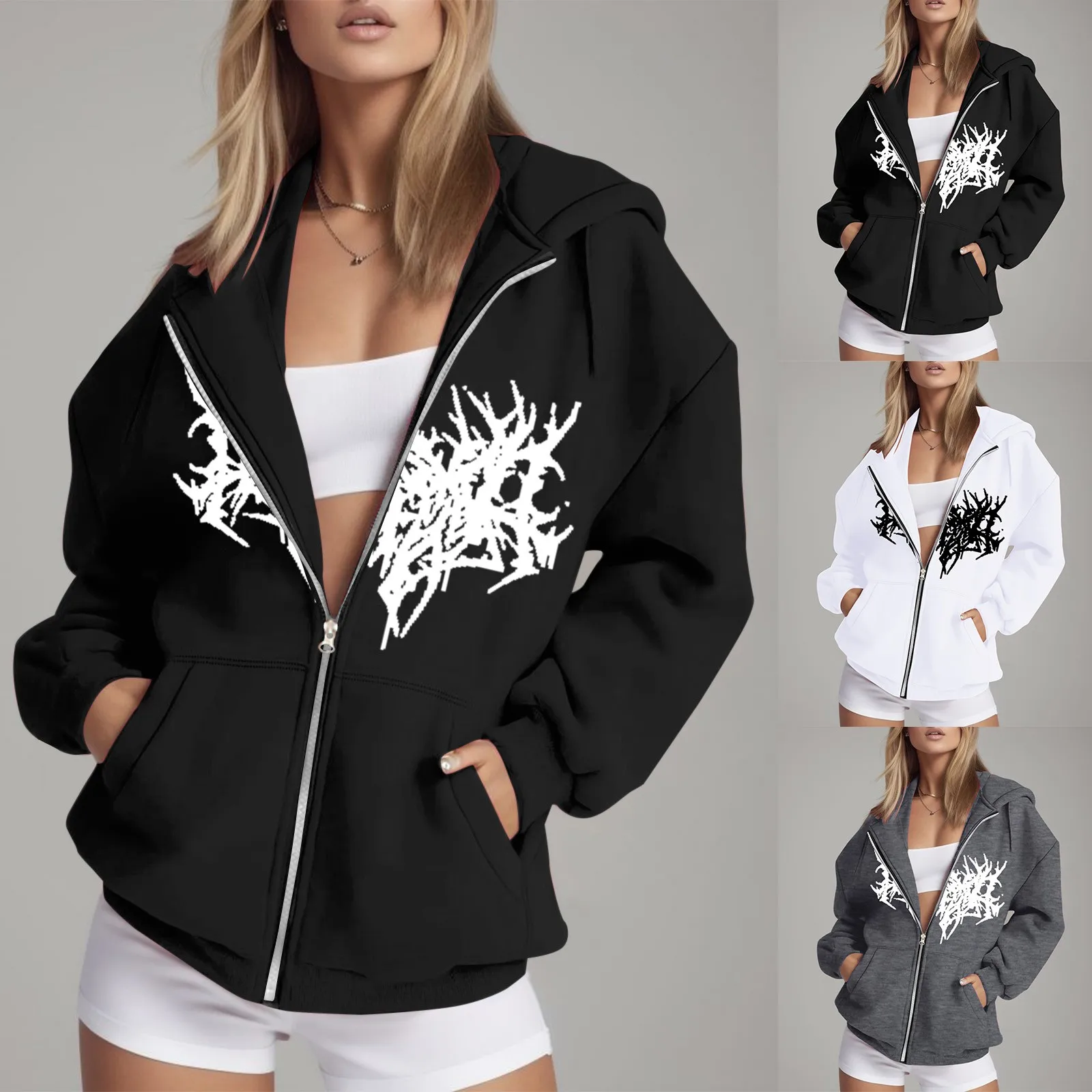 

Женская толстовка с капюшоном и принтом паутины, на молнии