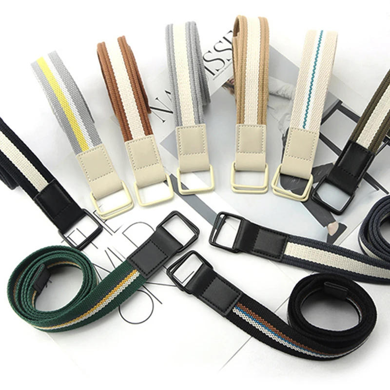 

Fashion Canvas Double Ring Buckle Belt Men and Women Versatile Jeans Trousers Decoration Waistband Striped Weaving Waist Belt