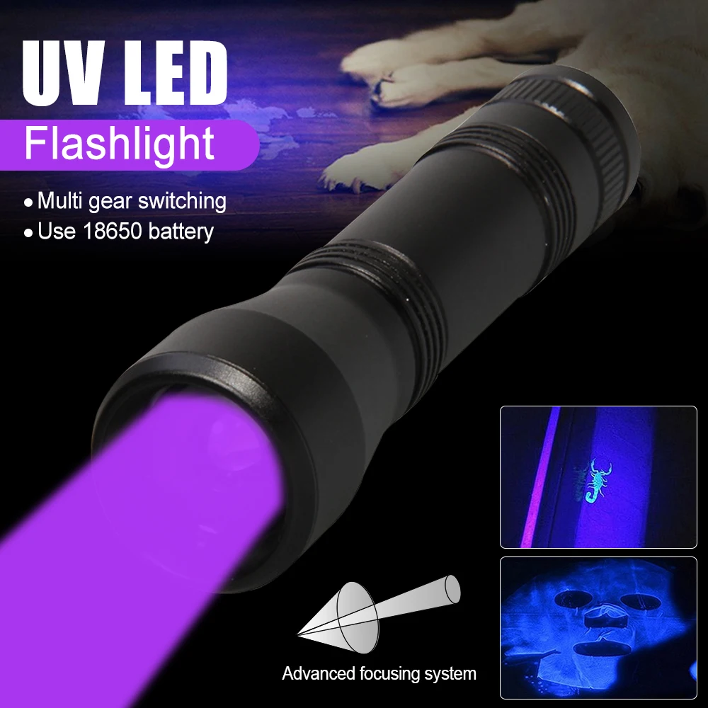 

395nm UltraViolet Flashlight 5 Modes LED Torch Telescopic Zoom Mini UV Detector Light Dog Cat Dry Urine Stains Bed Bug