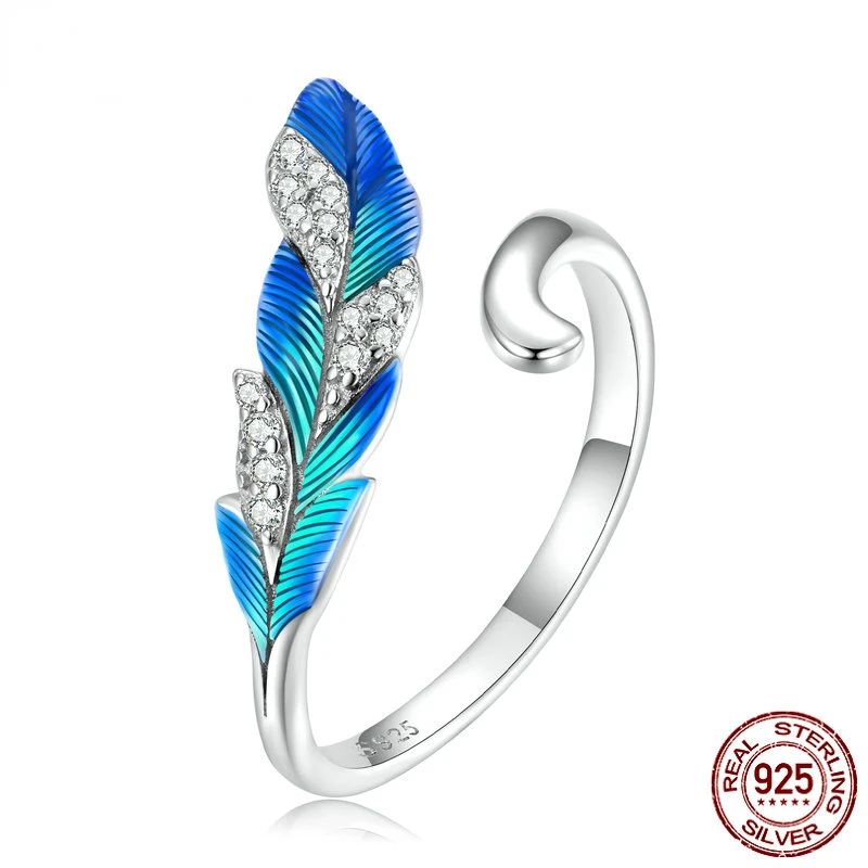

Disiniya925 Sterling Silver Dazzling Blue Feather Open Ring Pave Setting CZ for Women Birthday Gift Chic Fine Jewelry BSR301