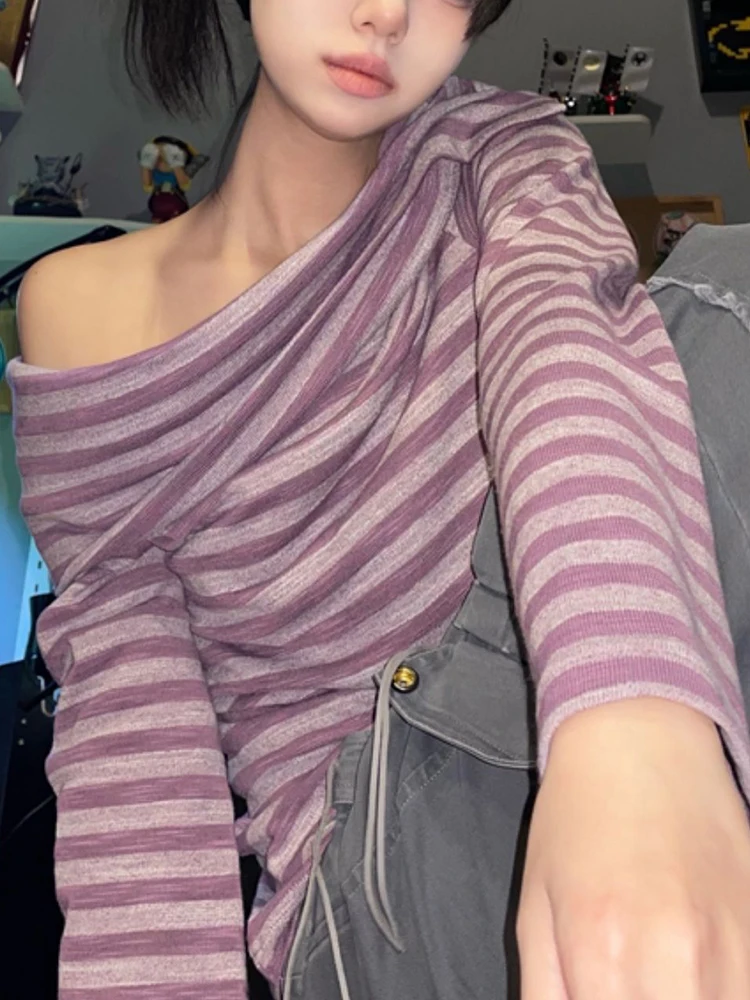 

Sleeve Pullovers One-Off Shoulder Knitted Top Korean style clothes Women Y2k Style Punk Casual Spring Slim Purple Striped Long