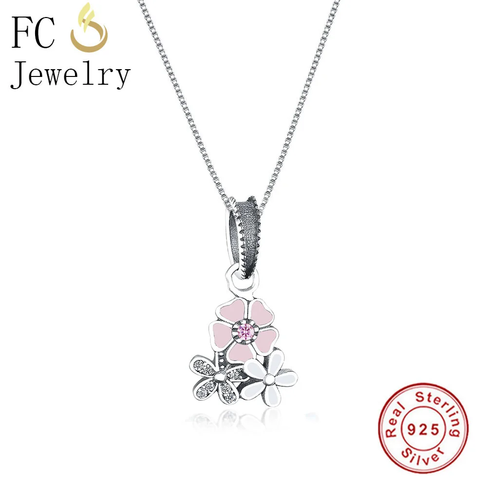 

FC Jewelry 925 Sterling Silver Pink White Enamel Flower Daisy Statement Necklaces & Pendants Chain Women Choker Trinket Collar