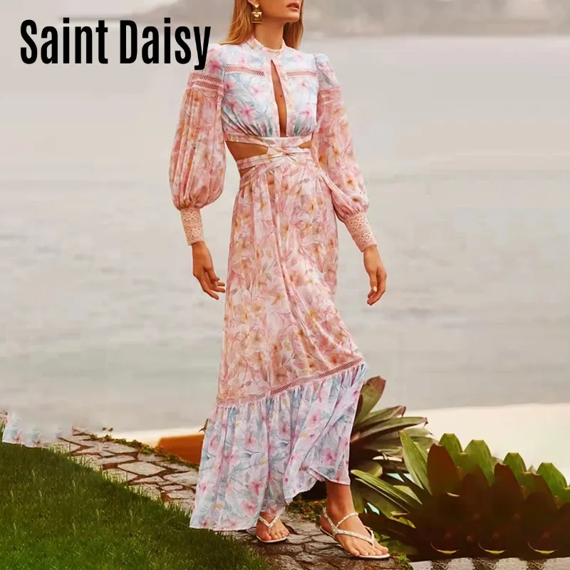 

SaintDaisy платье женское Floral Robe Femme Dress Elegant Big Size Clothing for Women Bohemian ALINE Printing Young Style 55256