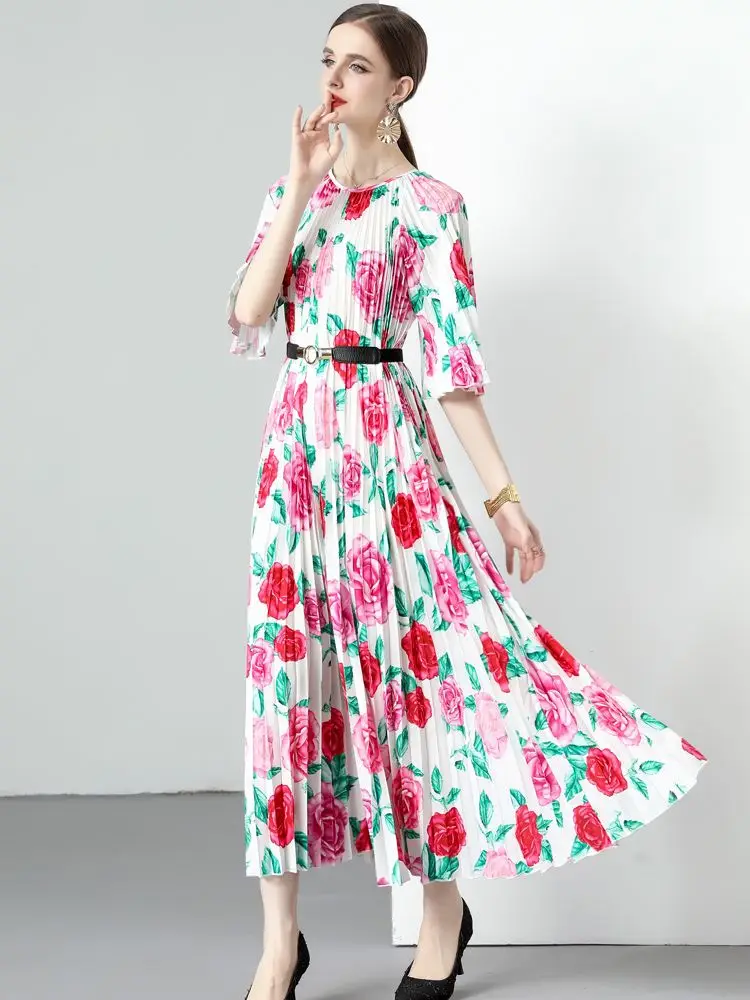 Женское плиссированное платье с круглым вырезом универсальное свободное