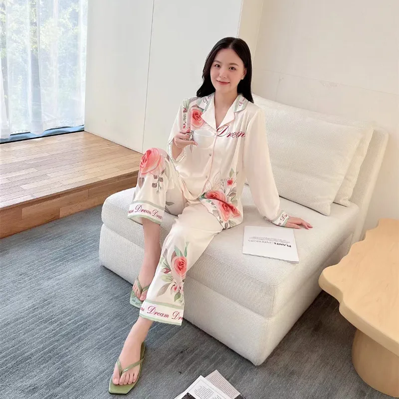Autumn and Winter New Pink Roses Printed Homewear Suit High-Grade French Ice Silk Pajamas Long Sleeve