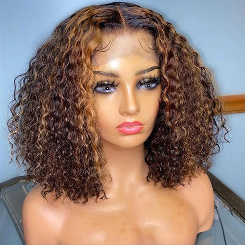 

Highlighted Honey Blonde Curly Wig For Women Human Hair 13x4 Brazilian Lace Front Frontal Wig 13X6 Bob Short Wigs T Part 180%