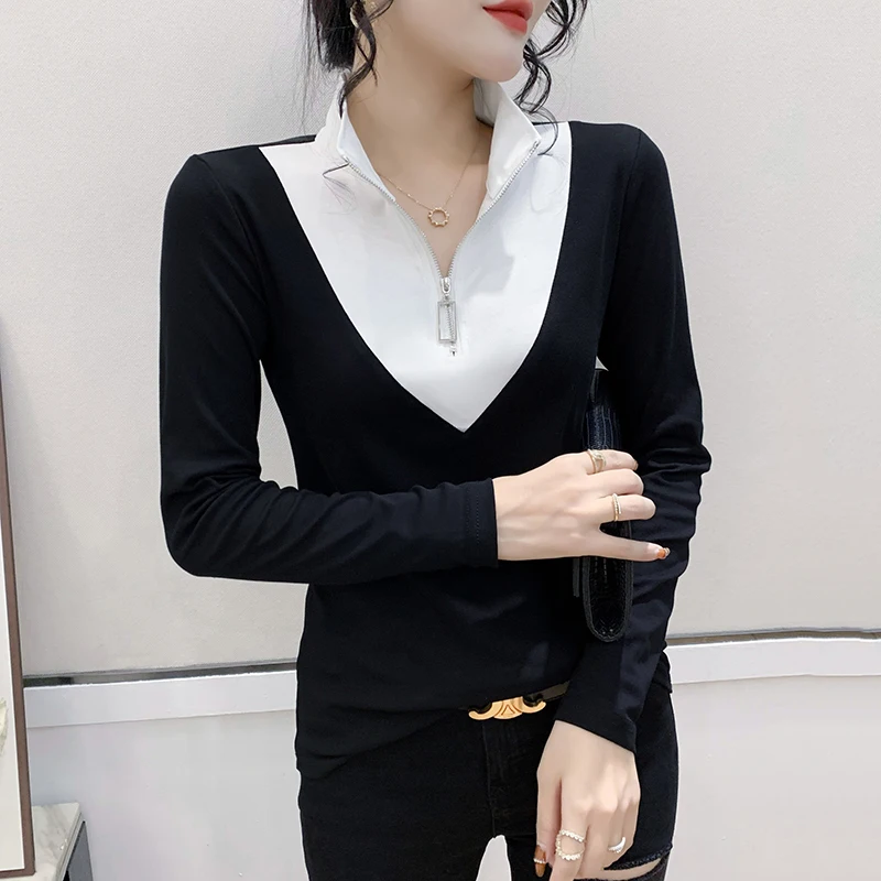 

Осенне-зимняя европейская одежда, Хлопковая женская футболка, шикарные привлекательные черные и белые лоскутные Женские топы с воротником-стойкой на молнии, футболки с цветными блокировками 954