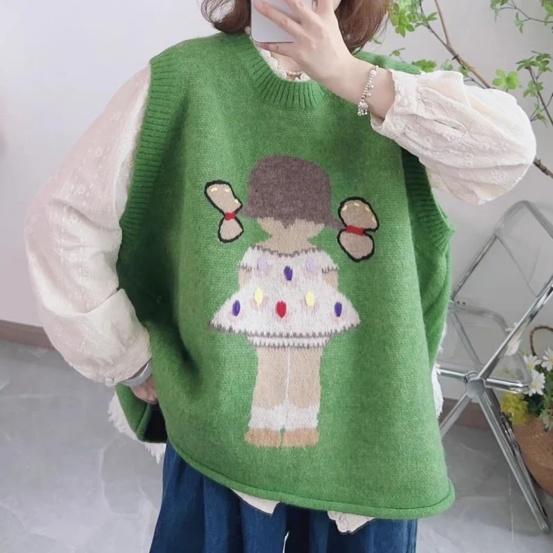 

Cute Youth-Looking Cartoon Pattern Knitted Vest for Women 2023 Bandage Dress Waistcoat Loose Leisure All-Matching