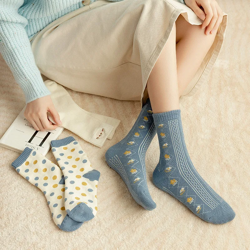 

Blue Thermal Socks Women's Autumn and Winter Popular Simple Fashion Cute Dot Pattern Middle Tube Socks Women Socks Cute Socks