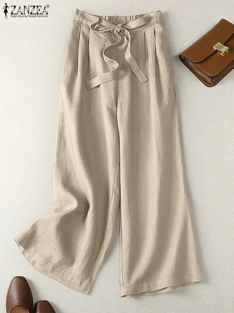 Zanzea Женские Широкие Брюки Повседневные С Высокой Талией Хлопковые Однотонные