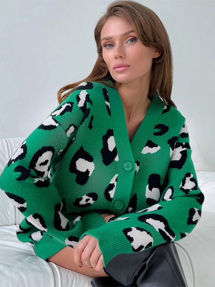 

Женский однобортный кардиган свободного покроя в пятнистом стиле, вязаное пальто с длинным рукавом и V-образным вырезом, Повседневные свите...