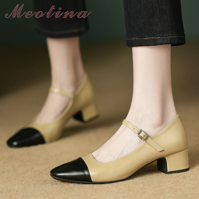 

Meotina Women Genuine Leather Mary Janes Round Toe Block Mid Heels Buckle Pumps Mixed Colors Fashion Ladies Spring Autumn Shoes