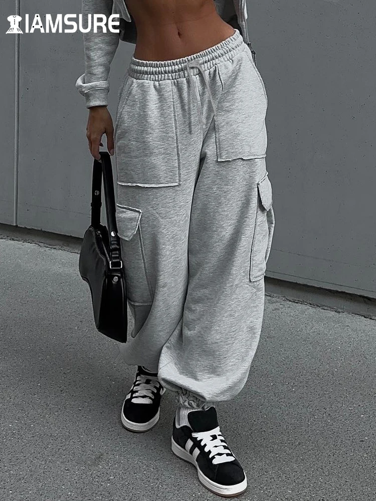 

IAMSURE Casual Streetwear Big Pockets Trackpants Loose Solid Low-Waisted Wide Leg Pants Women 2023 Autumn Winter Fashion Lady