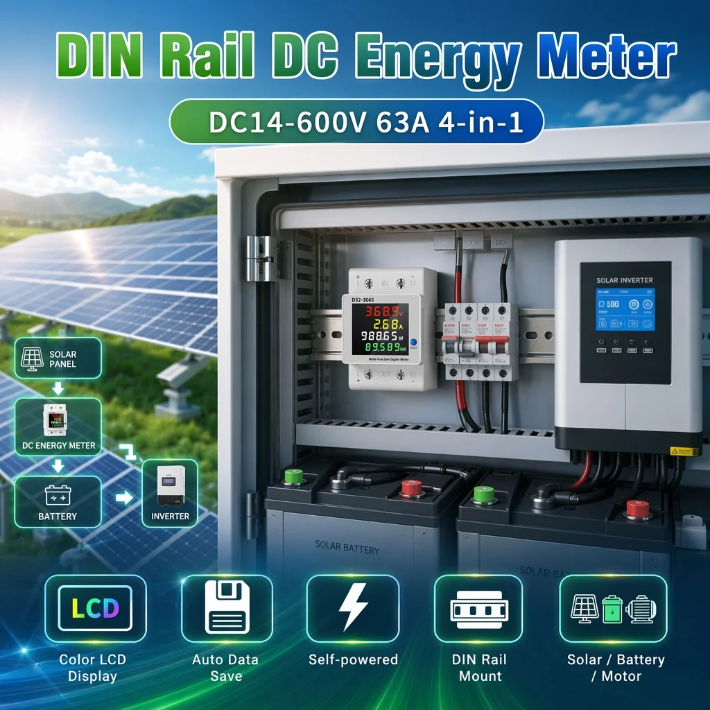 Фото Измеритель энергии постоянного тока на DIN-рейку DC14-600V 63A, многофункциональный ЖК-дисплей 4-в-1, счетчик мощности и кВт⋅ч постоянного тока с автоматическим сохранением данных для мониторинга солнечных батарей и двигателей №1