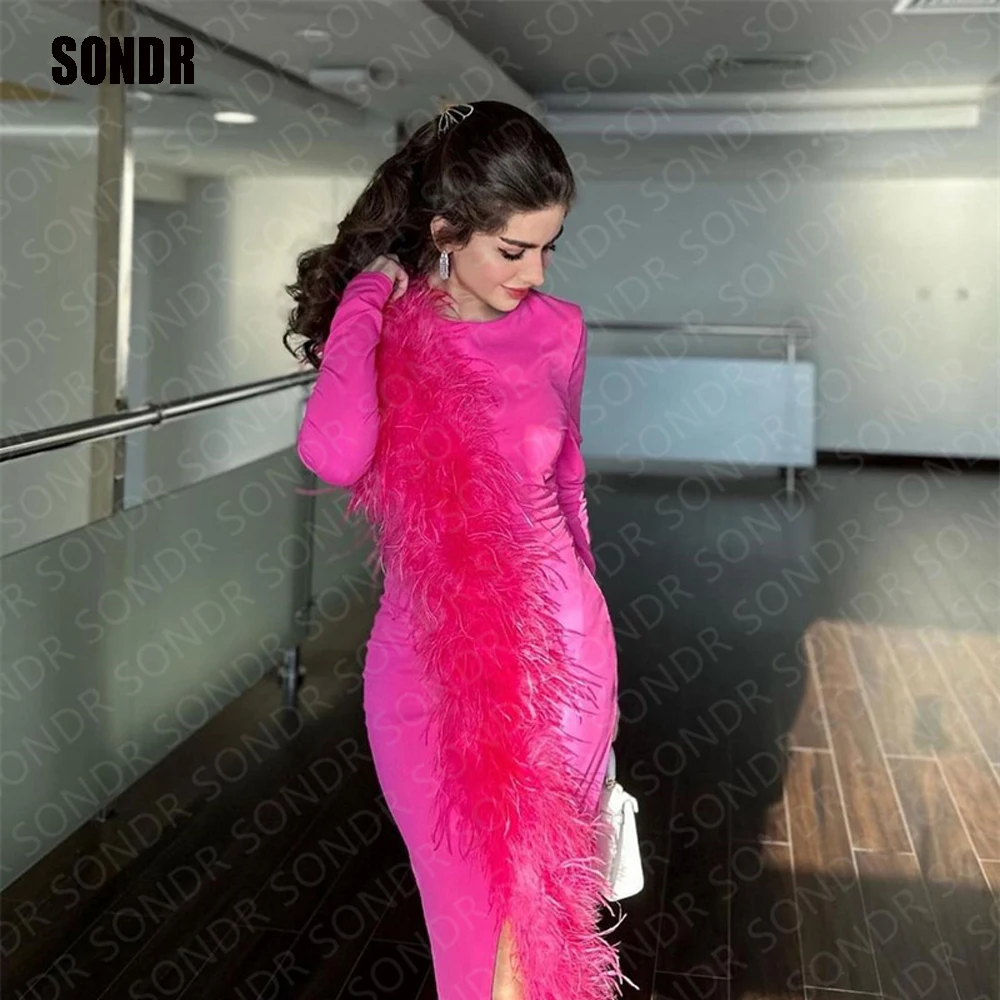 

SONDR Fashion Fuschai Feather Arabic Prom Party Dress O Neck Sleeves Formal Event Prom Gowns Evening Dresses Vestidos de festa