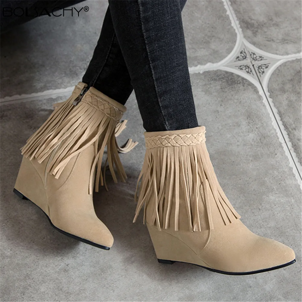 Pointed Toe Wedges Booties Winter Women Ankle Boots Footwear Platform High Heels Fringe Shoes Woman Bota Feminina Beige Black