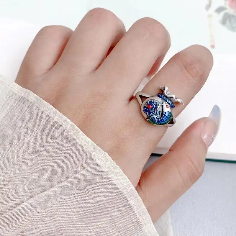 

Cloisonne Koi Ring, Female Adjustable, Female Personality, Small and Classical Ethnic Style