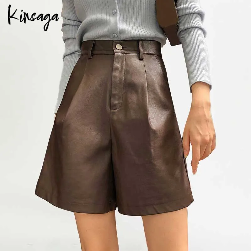 Streetwear Folds Waist PU Pants Short Women Aesthetic Wide Leg Spliced Loose Knee Length Faux Leather Shorts Capris Lady Bermuda