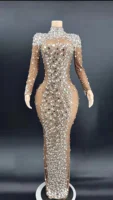 ZD Big Rhinestones Nude Transparent longth Dress Wedding Party Prom Birthday Celebration Crystals Stage Singer Host Mesh Dress