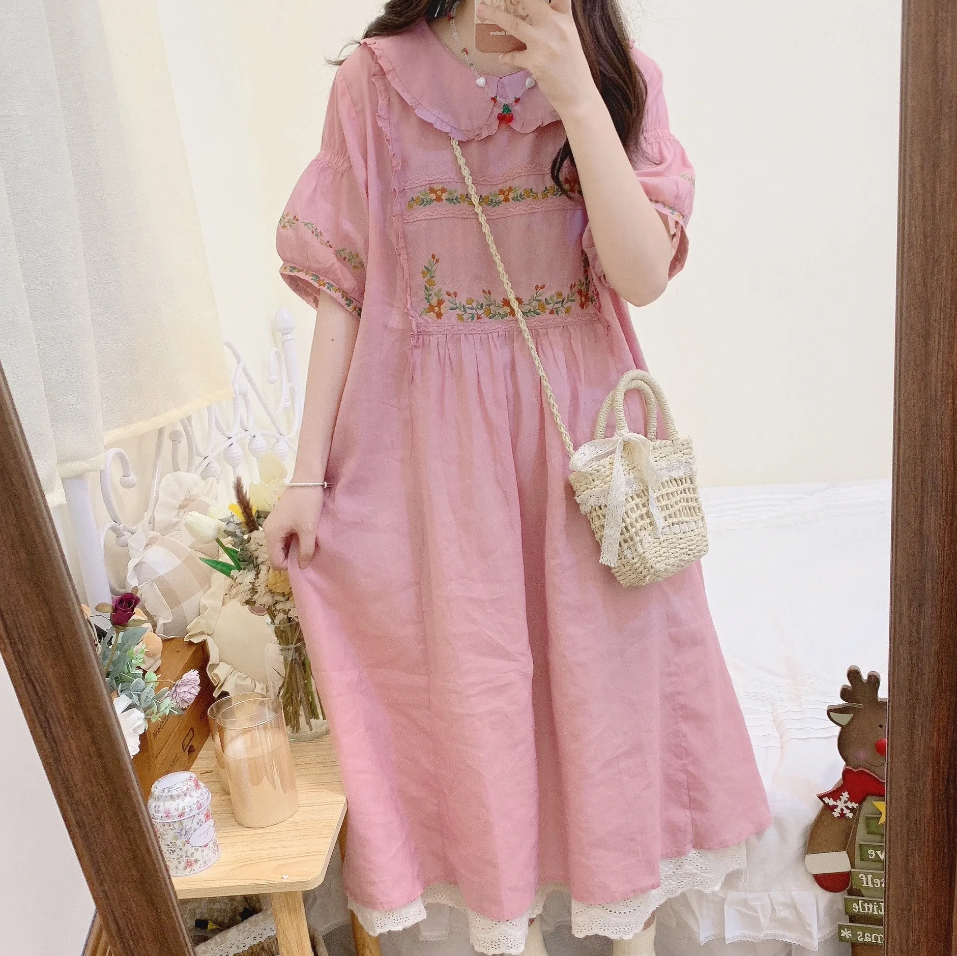 

100% Ramie Linen Teenager Sweet Floral Embroidery Loose Midi Dress Japanese Mori Girl Harajuku Kawaii Cute Ruffle Long Dress