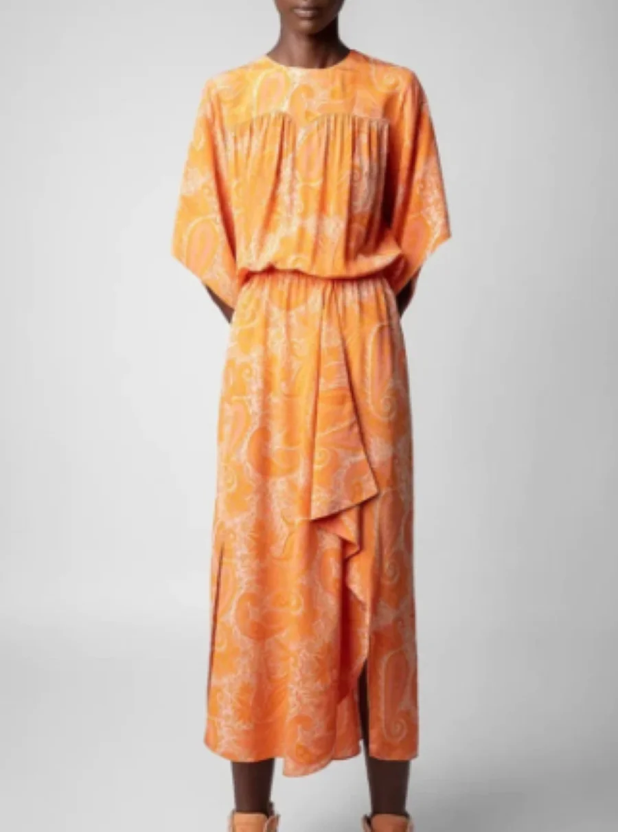2023 Summer Women Paisley Print Elastic Waist Batwing Sleeve O-Neck Elegant 100% Silk Midi Dress