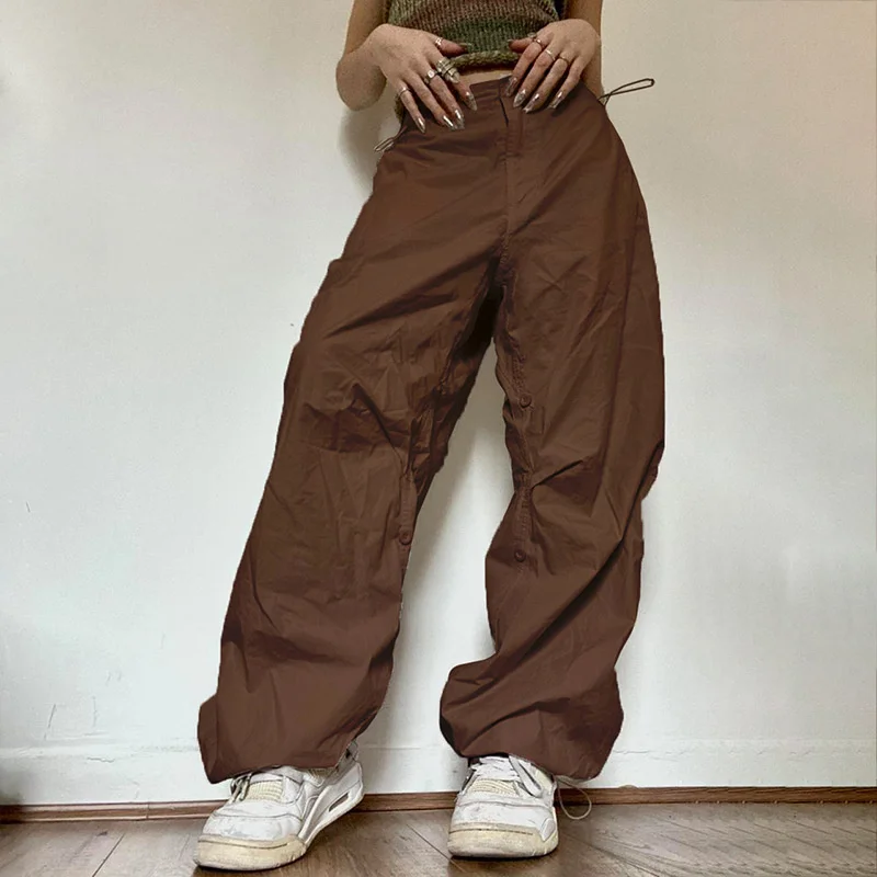 

Женские однотонные джоггеры, технологичные брюки, Осенние мешковатые брюки с низкой талией в стиле панк, хип-хоп, уличная одежда, повседневные брюки-карго с широкими штанинами на шнурке