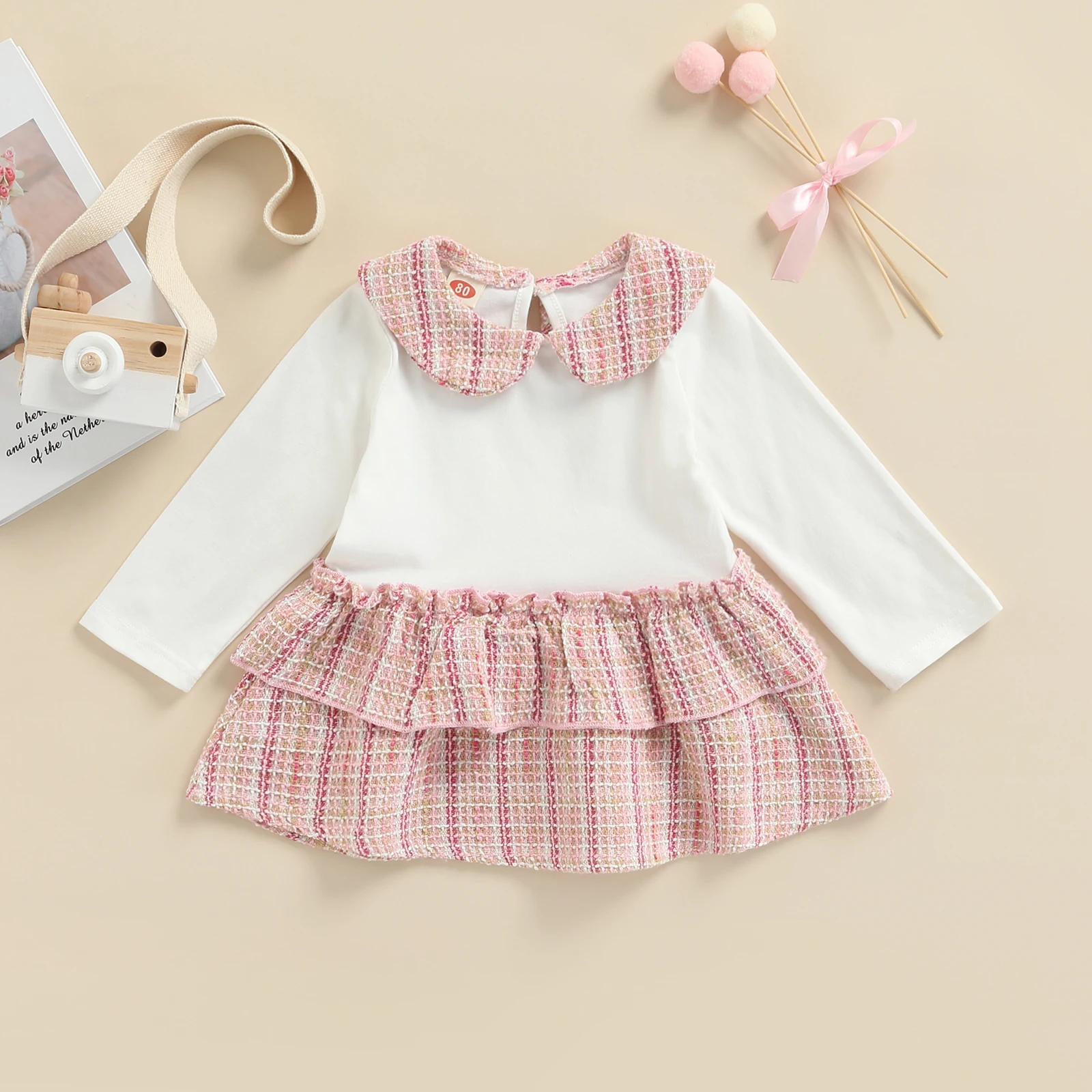 

Милое платье для маленьких девочек на весну и осень, Яркие топы с длинным рукавом и воротником, клетчатая многослойная короткая юбка, платье...