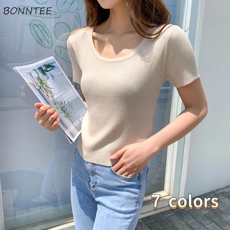 

Футболка женская с коротким рукавом, удобная трикотажная простая универсальная Модная тонкая Базовая Повседневная Эластичная Облегающая ...