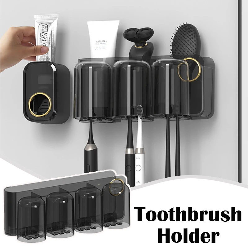 

Multifunction Toothbrush Holder Bathroom Wall Mounted Dustproof Toothbrush Storage Rack Organizer Automatic Toothpaste Dispenser