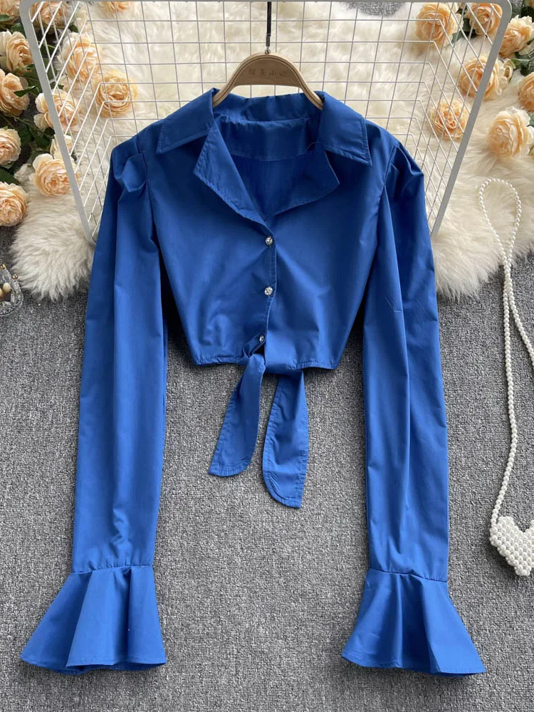 

Women 2022 spring new lace-up long-sleeved popular thin irregular temperament short fashion all-match shirt tops female D0738