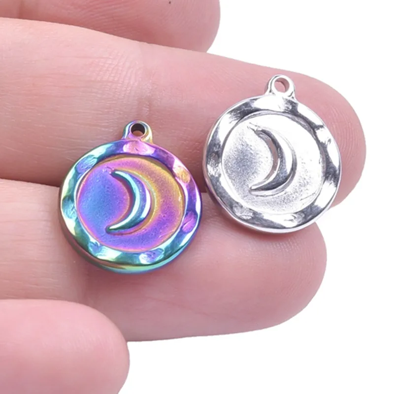 

Fashion colgantes Round Crescent Moon Stainless Steel Charms Pendant Rainbow Silver Color Jewelry Making Necklace For Men 5pcs