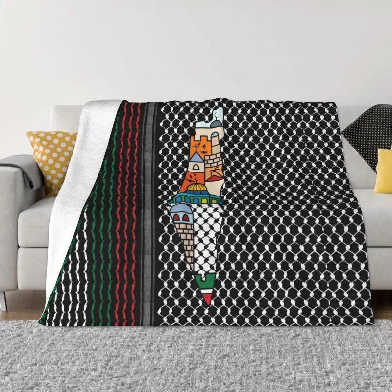 

Palestinian Map With Kufiya Hatta Blanket Fleece Flannel Palestine Jerusalem Throw Blankets for Bedroom Sofa Spring Autumn