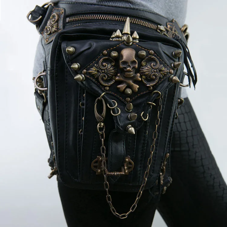 

Fashion Unisex Steampunk Retro Motorcycle Bag Dark Goth Skulls Fanny Pack PU Waist Bag Crossbody Bags for Women Men