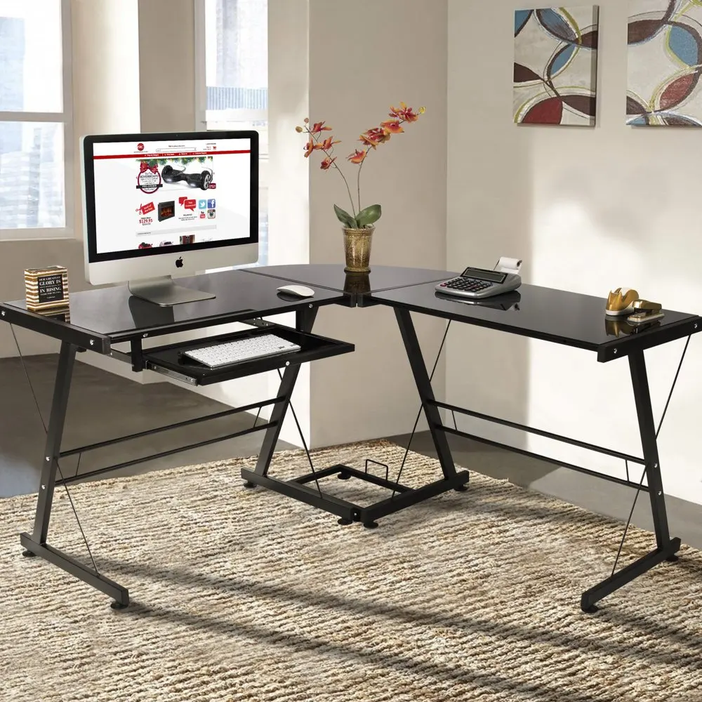 

L-образный угловой компьютерный стол, ПК, стеклянный стол для ноутбука, рабочая станция, черный