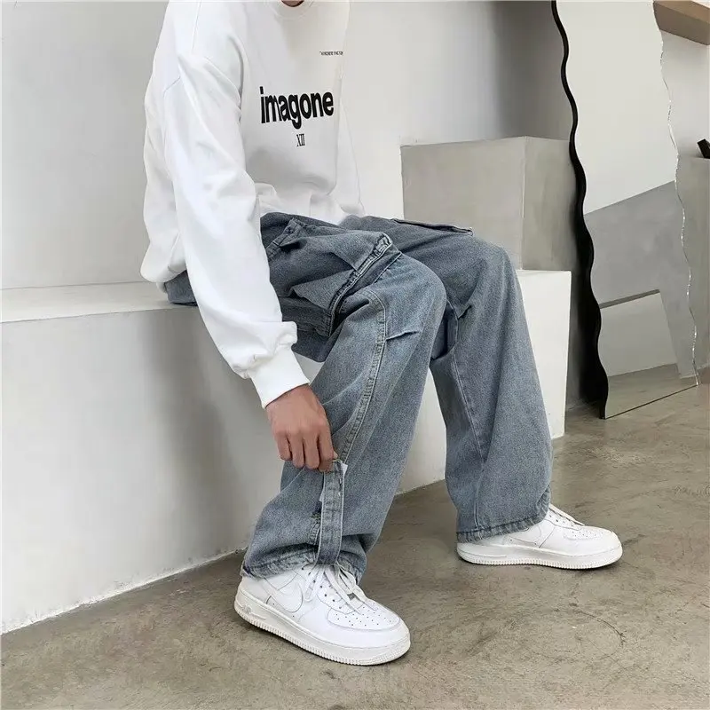 Large Pocket Work Clothes Jeans Harajuku Style Falling Work Clothes Jeans Men's Straight Tube Loose Casual Pants