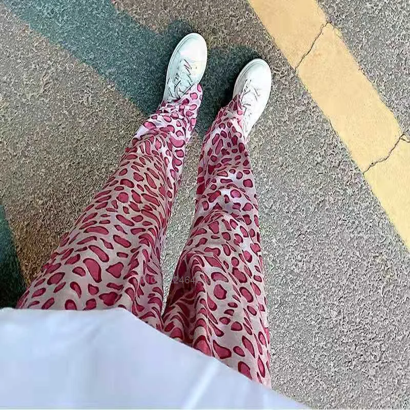 Harajuku Fashion Pink Leopard Printed Pants Y2k Girl Wide Leg Straight Trousers High Waist Loose Casual Trendy Jeans Women Pant