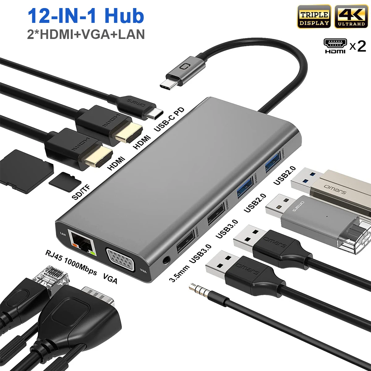 شاشة ثلاثية محور USB C محول شاشة مزدوج محور الكمبيوتر المحمول USB C إلى 2 HDMI 4K + VGA + Ethernet + 100W PD + 4USB + Audio لـ MacBook Pro OTG