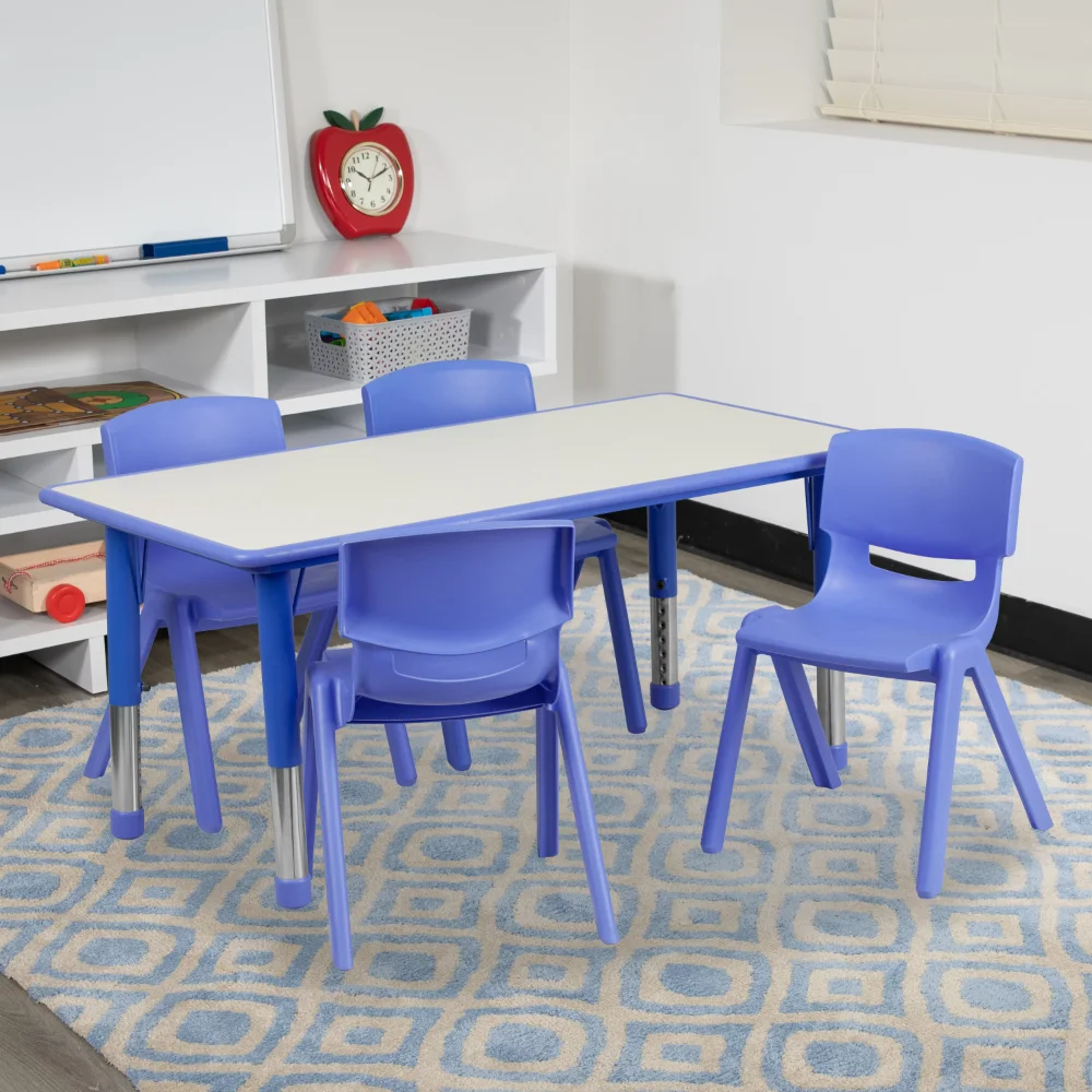 

Rectangular Plastic Height Adjustable Activity Table Set with 4 Chairs, Blue, 24"x47"