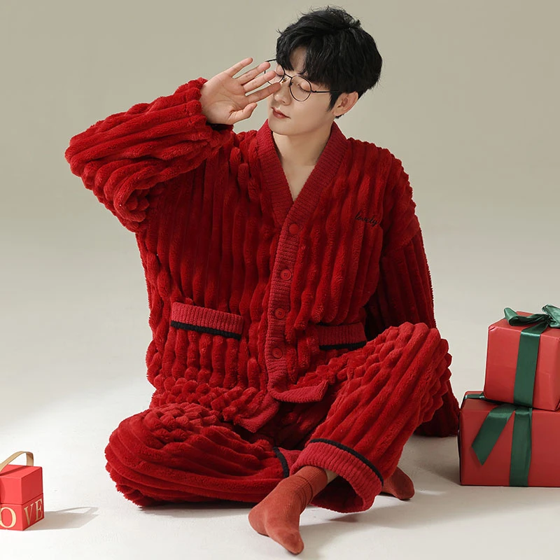 

Men Christmas Pajamas Sets Winter Flannel V-neck Cardigan Long-sleeved Home Suits Male New Year Red Sleepwear Large Size Pyjamas