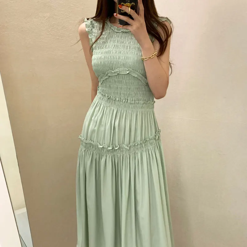 

Clothland Women Sexy Ruffled Midi Dress Stretchy Body Sleeveless Mint Summer Sexy Casual Tank Dresses Vestido QC060