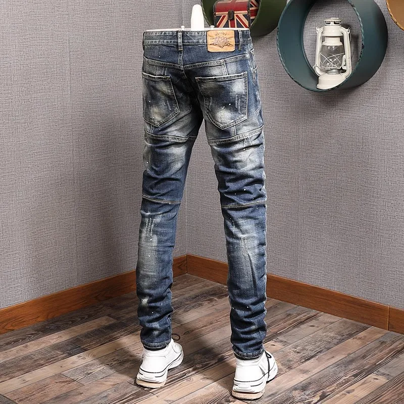 Street Fashion Men Jeans Retro Washed Blue Elastic Slim Fit Ripped Jeans Men Spliced Designer Hip Hop Denim Biker Pants Hombre